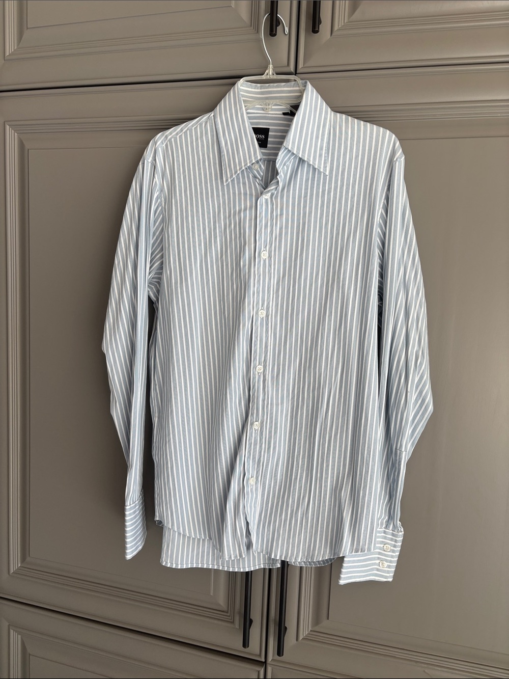 Hugo Boss Blue and White Vertical Stripe Button-Down Shirt